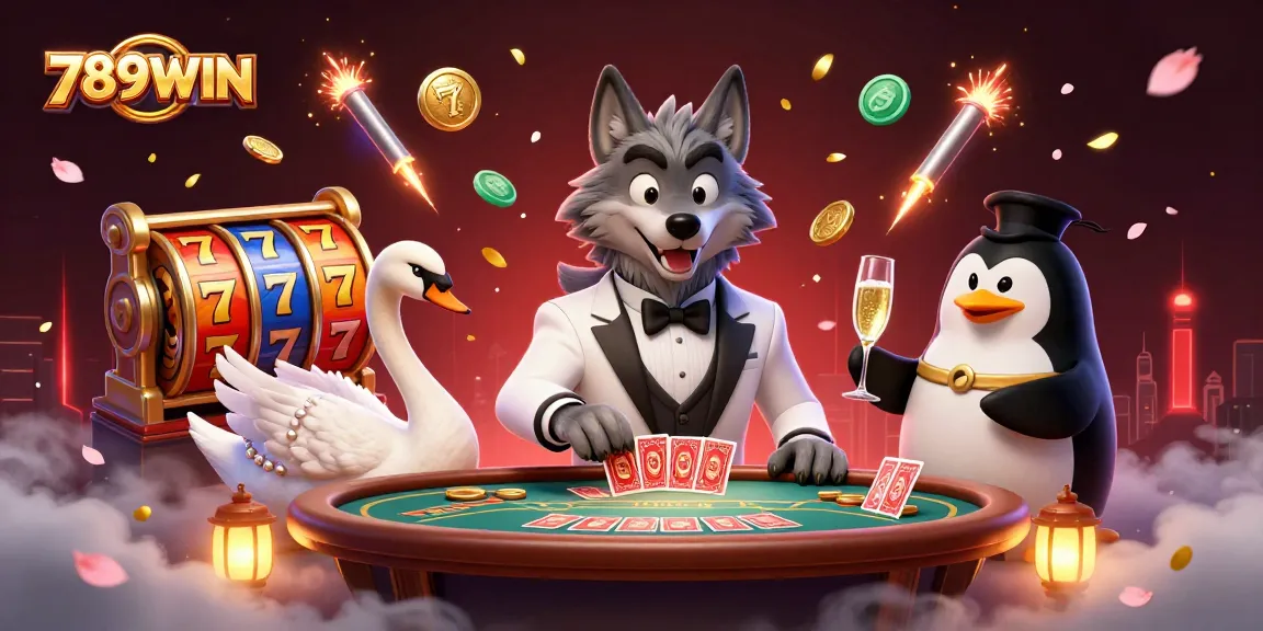 Experience exciting gaming action at 789WIN with an animated casino scene featuring vibrant characters and festive elements.