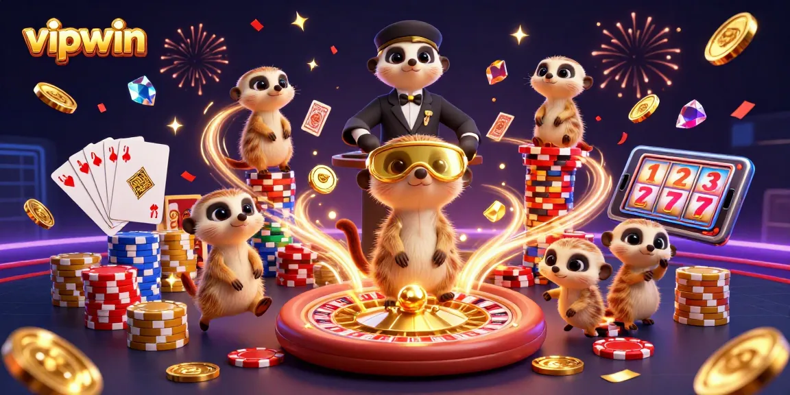 Experience the thrilling casino action with vipwin, where meerkats run the games amidst sparkling gems and cascading coins.